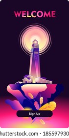 horizontal vector illustration, conceptual banner, night lighthouse beam points to dangerous areas, for safe navigation of passing ships