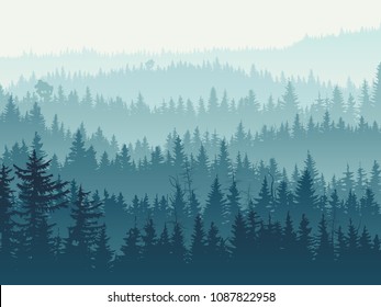 Horizontal vector illustration of coniferous forest (spruce, pine) with hills range in blue tones.