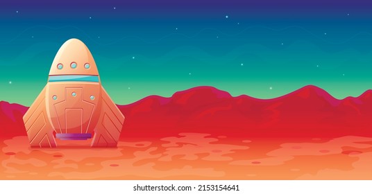 Horizontal vector illustration of conquering mars, spaceship on the surface of the red planet, space intergalactic tourism, conquering the universe, rocket explorers of interstellar flights, eps 10