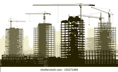 Horizontal vector illustration of construction site with cranes and skyscraper under construction.