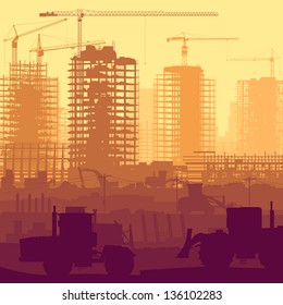 Horizontal vector illustration of construction site with cranes and skyscraper under construction with tractors, bulldozers, excavators and grader.