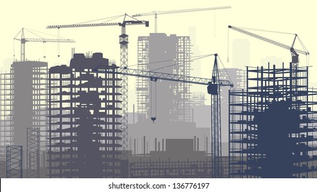 Horizontal vector illustration of construction site with cranes and skyscraper under construction in yellow-grey.