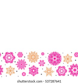 Horizontal vector illustration with copy space (place for your text). Magenta and orange Christmas frame with abstract snowflakes and dots on white background.