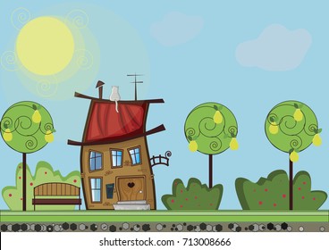 Horizontal Vector illustration of cute cartoon fabulous house, sun, cat on the roof, bench, bushes and trees in summertime. Cartoon outdoors landscape.
