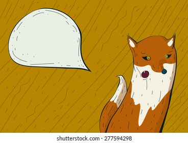 Horizontal vector illustration of a cute fox with speech bubble and place for text, on yellow, hatched.
