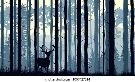 Horizontal vector illustration with deer and many pine trunks in the morning mist.