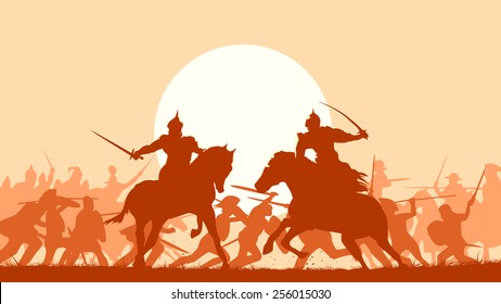 Horizontal vector illustration fight between two warriors on background of battle at sunset.