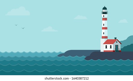 horizontal vector Illustration in flat style with beacon with searchlight, blue seascape, cloud, island. Colorful graphic banner wallpaper, background, backdrop. tourism navigation safety Concept