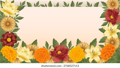 Horizontal vector illustration of a floral frame with orange marigolds, yellow lilies, and red flowers on a light background with copy space.