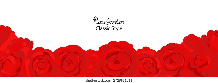 A horizontal vector illustration frame of bright red roses on a white background