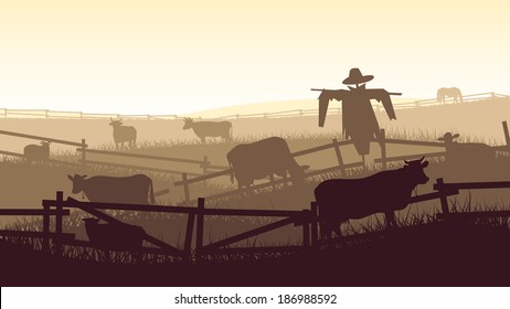 Horizontal vector illustration of grazing animals (cow, horse, sheep) in the farmers fields with fence.