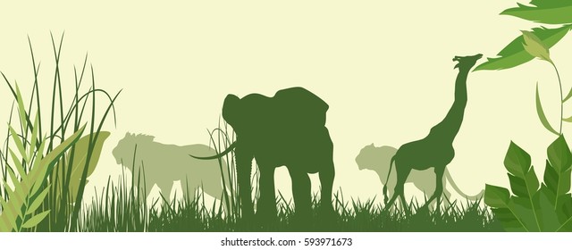 Horizontal vector illustration of Green silhouettes of african savannah with animals.