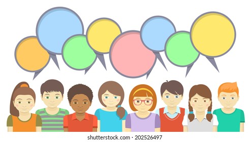 Horizontal vector Illustration of a group of kids with colorful speech bubbles in the flat style. It can be used as an infographic element