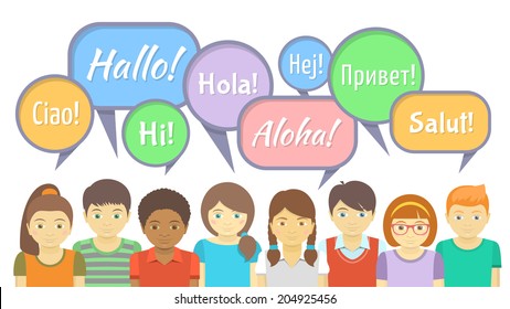 Horizontal vector Illustration of the group of kids that say hello in different languages with colorful speech bubbles in the flat style. It can be used as an infographic element
