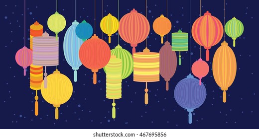 horizontal  vector illustration of  hanging colorful chinese lanterns on dark blue night sky background