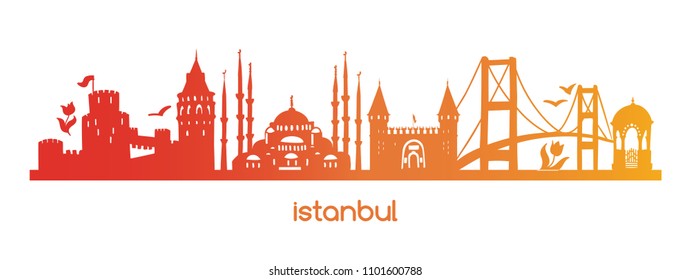 Horizontal vector illustration Istanbul with red, orange, yellow gradient silhouette of famous turkish symbols, sights, landmarks. Hand drawn elements of tower, bridge, gate, mosque in Turkey. 