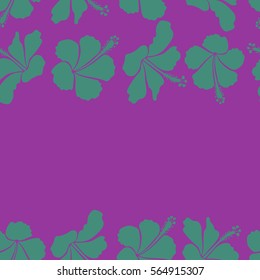 Horizontal vector illustration with many purple and green hibiscus flowers and copy space (place for your text). Trendy seamless floral pattern.