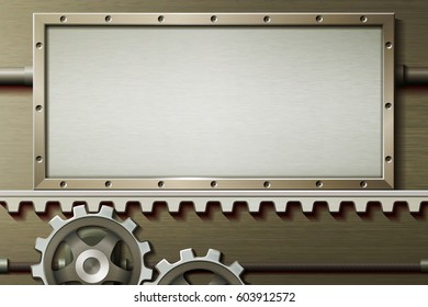 Horizontal vector illustration with mechanical moving elements. Metallic background with elements of mechanics. Steampunk.