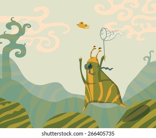 Horizontal vector illustration with monster, playing with scoop-net
