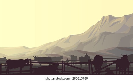 Horizontal vector illustration of mountains and grazing cows in fence.