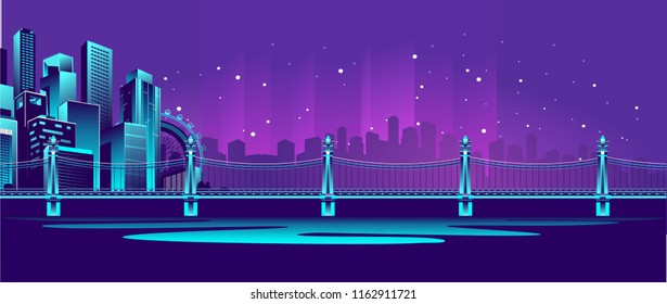 Horizontal vector illustration of a night neon glowing bridge over a canal, away silhouette of a night city