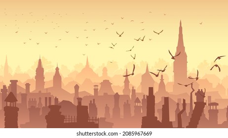 Horizontal vector illustration with the old historical part of the old city at sunset with flocks of birds.