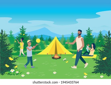 Horizontal vector illustration parents and children are resting together in a camping with a tent and a bonfire on the background of a beautiful summer landscape with yellow butterflies