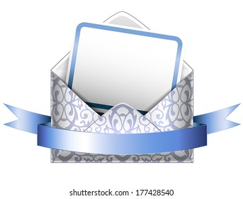 Horizontal vector illustration. Patterned silver paper envelope with a postcard and ribbons on white. Holiday VIP invitation.