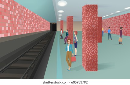 Horizontal vector illustration of the people standing in the subway and waiting for a train.
