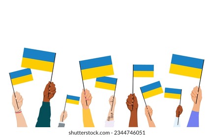 Horizontal vector illustration of people's hands with the flag of Ukraine. Isolated on white background.Concept of international supporting Ukraine against russian invasion 