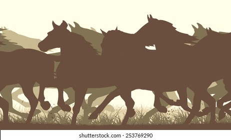 Horizontal vector illustration prancing through grass herd of horses .