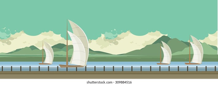 Horizontal vector illustration of sailboats on the water, floating on the river during the day