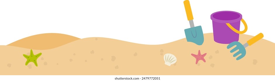 Horizontal vector illustration of a sandy beach and clam digging equipment