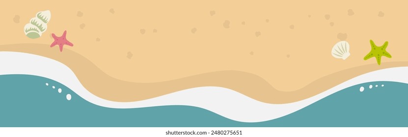 Horizontal Ilustración vectorial de una playa de arena con conchas y estrellas de mar