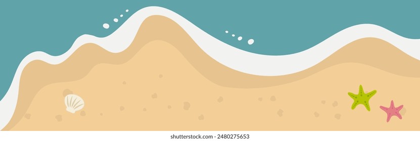 Horizontal Ilustración vectorial de una playa de arena con conchas y estrellas de mar