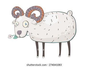 Horizontal vector illustration of a sheep with flower, isolated on white, colored, fun.