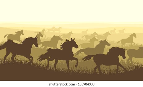 Horizontal vector illustration: silhouette herd of horses galloping across the meadows.