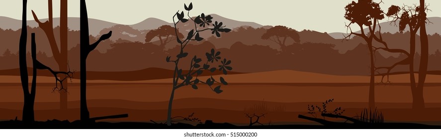 Horizontal  vector illustration of silhouettes of forest, wild nature view.