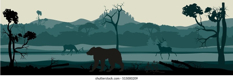 Horizontal  vector illustration of silhouettes of forest,bears, deers, wild nature view.