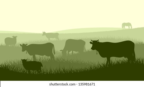 Horizontal vector illustration silhouettes of grazing animals (cow, horse, sheep) in the meadows.