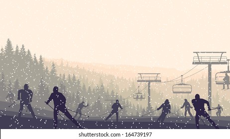 Horizontal vector illustration skiers in hills of coniferous forest at snowfall sunset.