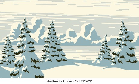 Horizontal Vector Illustration Of Snowy Spruce Trees And Clouds In Blue Retro Style.