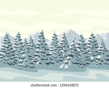Horizontal vector illustration of snowy spruce trees with mountains.