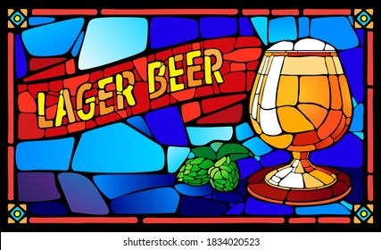 Horizontal vector illustration stained glass window lager beer and hops.