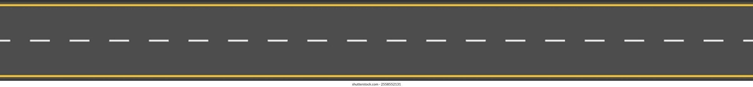 Horizontal vector illustration of a straight gray road with white dashed lines and glowing yellow edges, creating a sense of perspective and journey