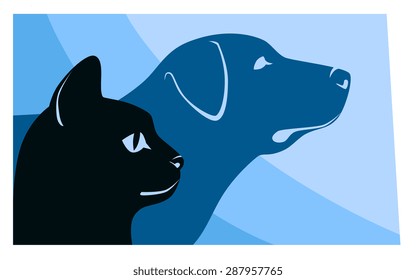 Horizontal vector illustration of stylized cat and dog silhouettes.