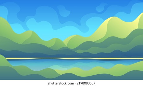 Horizontale Vektorgrafik einer Sommertagslandschaft. Blick auf das Seeufer zwischen grünen Hochgebirgen. 