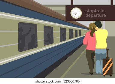 Horizontal vector illustration of a train station platform of the train people to meet the train