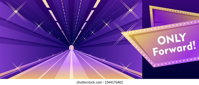 Horizontal vector illustration, underground road, tunnel, lit by bright lights, for the safe passage of transport, asphalt with road markings deep into the exit