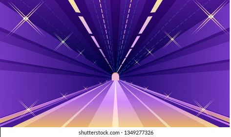 Horizontal vector illustration, underground road, tunnel, lit by bright lights, for the safe passage of transport, asphalt with road markings deep into the exit